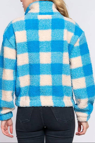 Sassa Long Sleeve Mock Neck Argyle Print Faux Fur Jacket