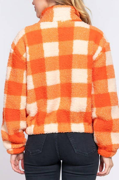 Sassa Long Sleeve Mock Neck Argyle Print Faux Fur Jacket