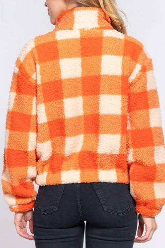 Sassa Long Sleeve Mock Neck Argyle Print Faux Fur Jacket