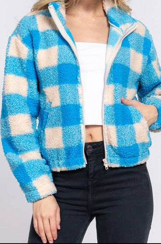 Sassa Long Sleeve Mock Neck Argyle Print Faux Fur Jacket