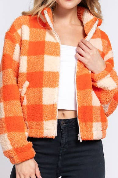 Sassa Long Sleeve Mock Neck Argyle Print Faux Fur Jacket
